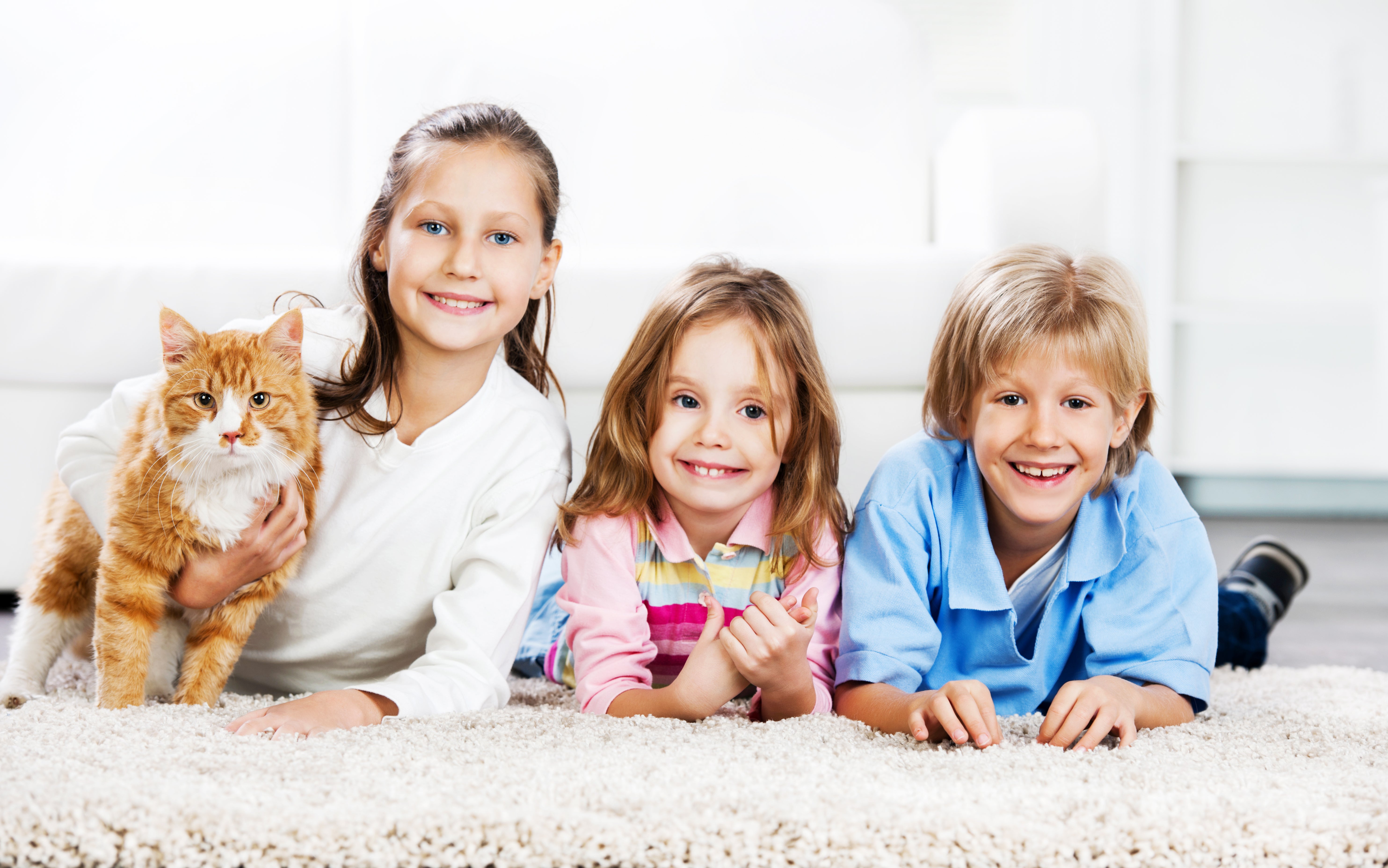 Tres niños sonriendo y al lado está un gato